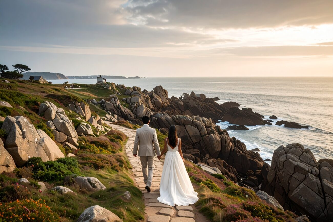 photo de couple en bord de mer en Bretagne lors d’un mariage