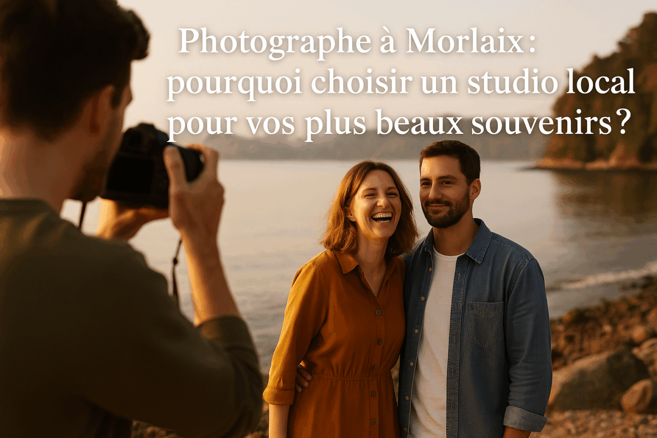Photographe à Morlaix en pleine séance couple au bord de la baie, lumière dorée et ambiance naturelle.