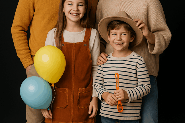 Famille souriante posant en extérieur avec des tenues coordonnées et quelques accessoires ludiques.