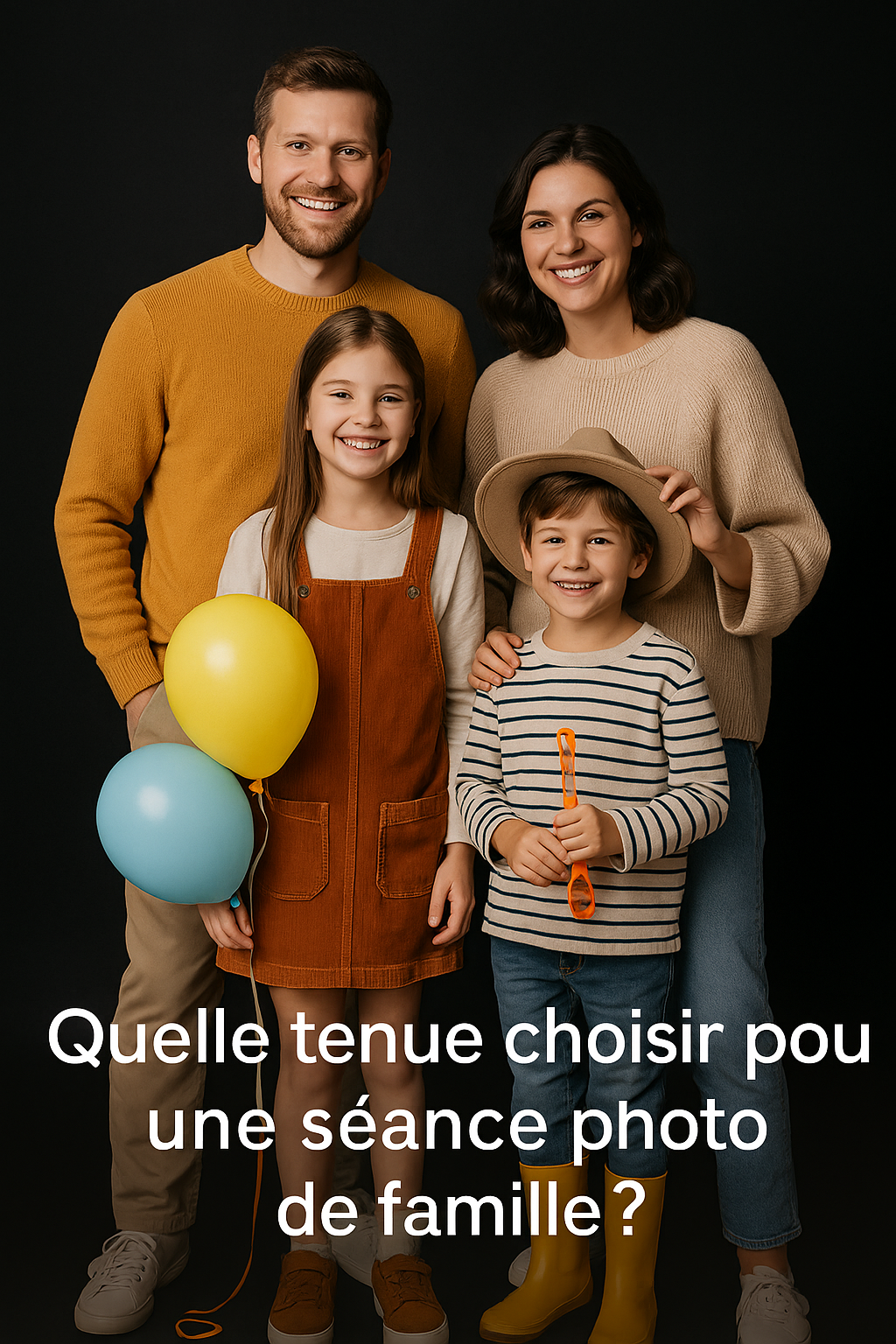 Famille souriante posant en extérieur avec des tenues coordonnées et quelques accessoires ludiques.
